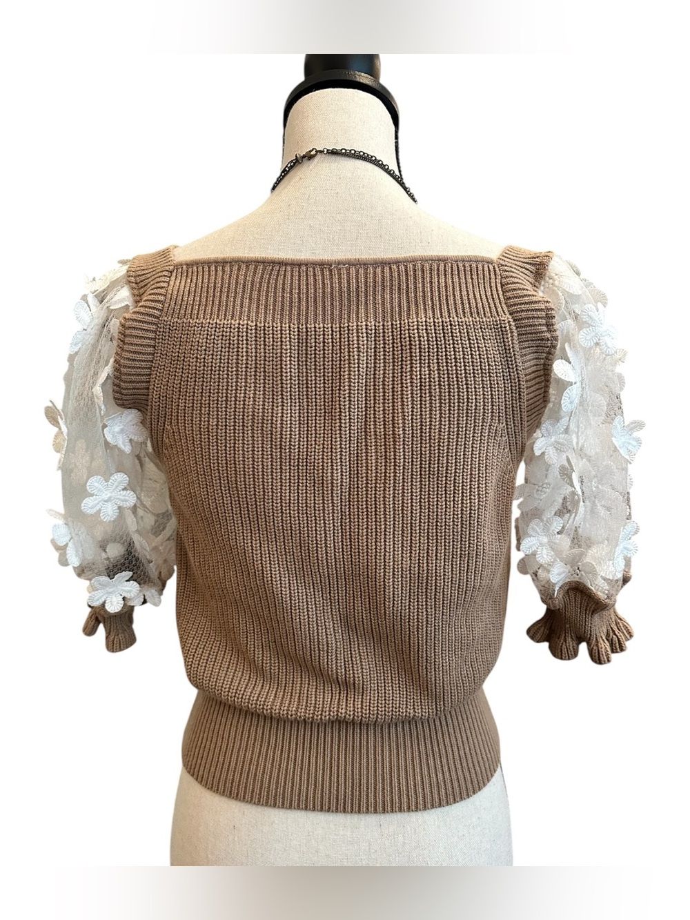 SO ME Floral Lace Puff Sleeve Knit Top Cottagecore Romantic Blouse | Small - Picture 3 of 9